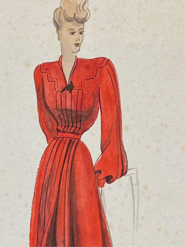 1940's Fashion Illustration, the Lady in the Red Dress - Painting by Unknown