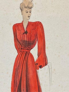 1940's Fashion Illustration, the Lady in the Red Dress