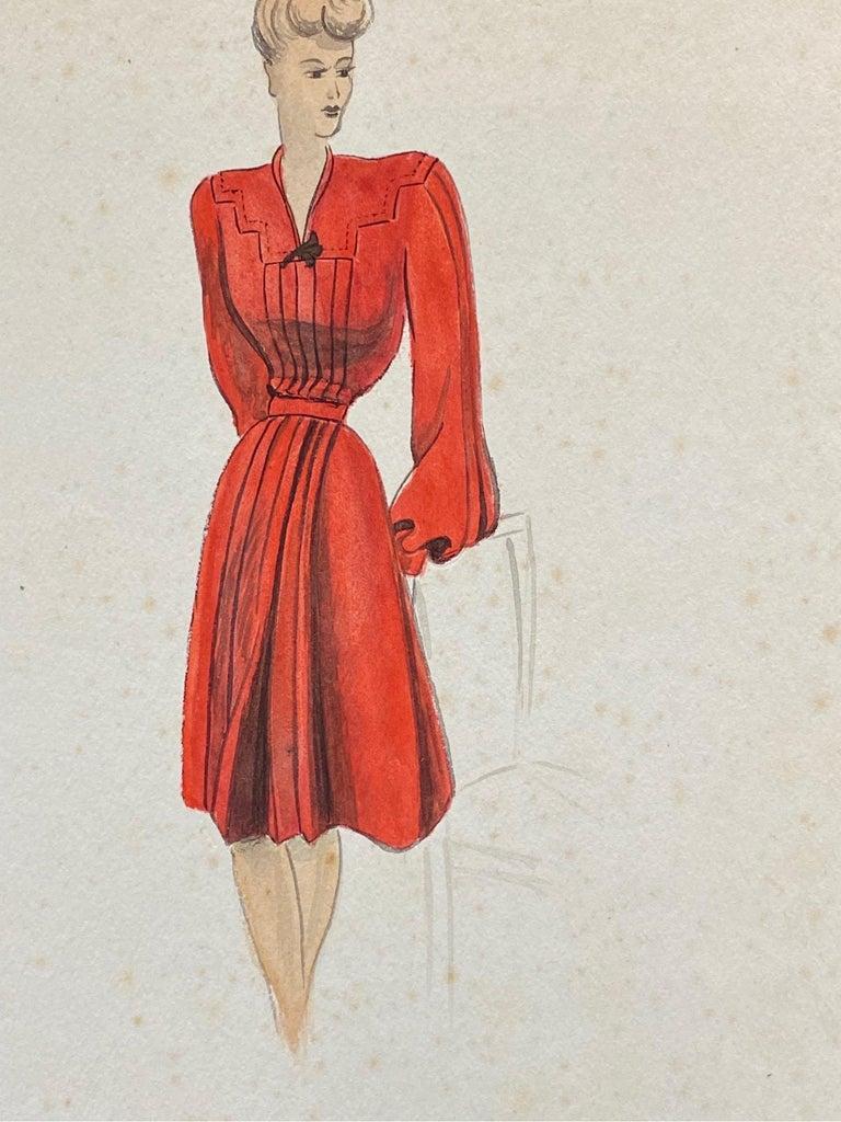 1940's Fashion Illustration, the Lady in the Red Dress - Beige Figurative Painting by Unknown