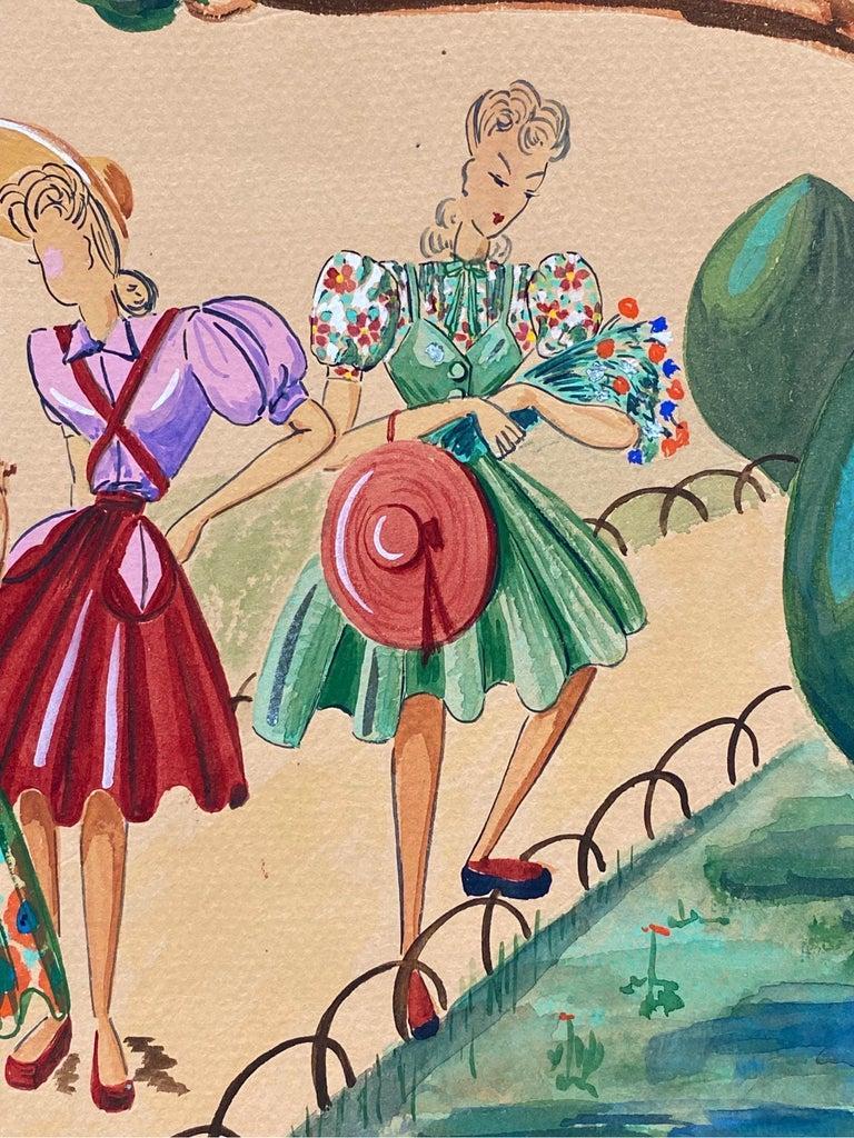 Illustrazione di moda degli anni '40, tre donne eleganti che passeggiano nel parco - Painting di Unknown