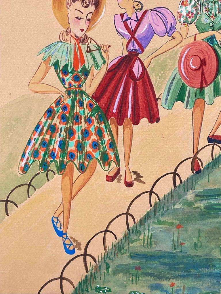 Illustrazione di moda degli anni '40, tre donne eleganti che passeggiano nel parco - Figurative Painting Beige di Unknown