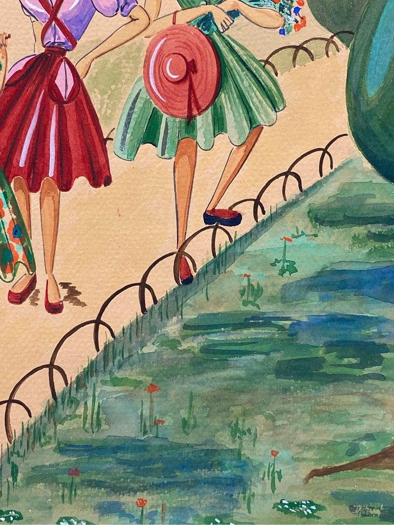 Illustrazione di moda degli anni '40, tre donne eleganti che passeggiano nel parco in vendita 1