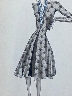 1940's French Fashion Illustration, Chic Lady In Blue Detailed Dress