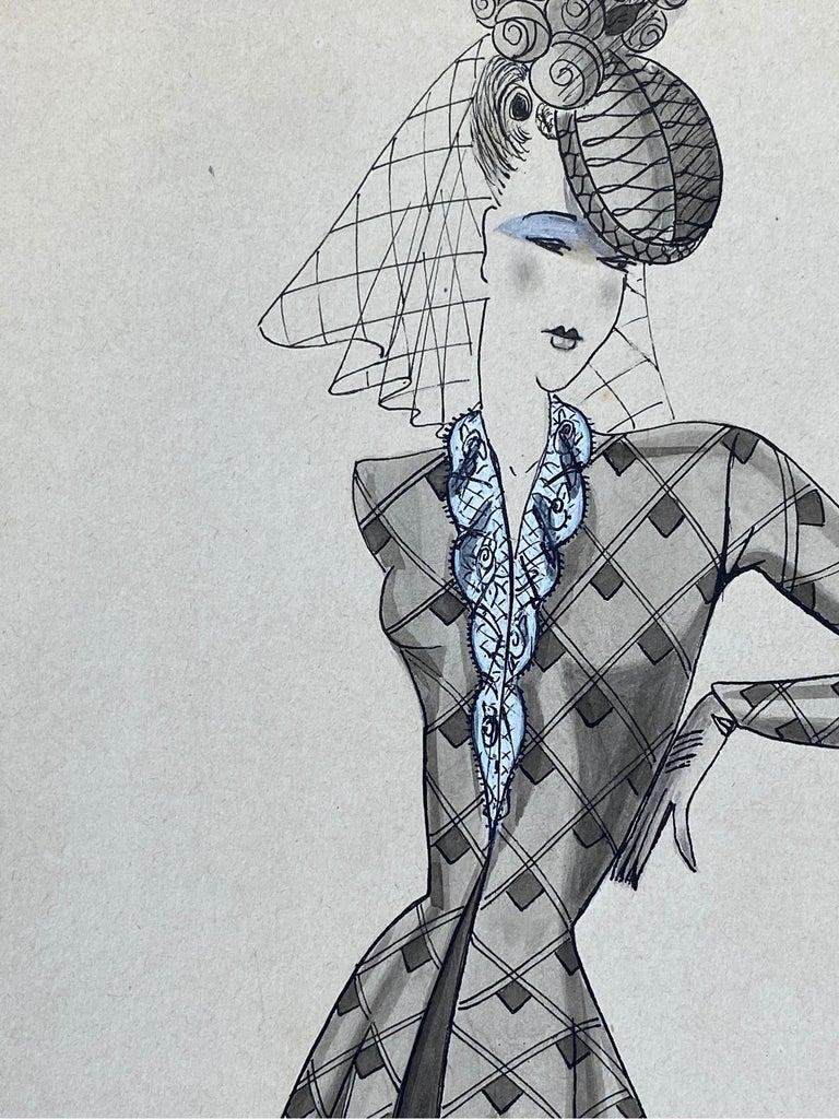 1940's French Fashion Illustration, Chic Lady In Blue Detailed Dress - Gray Figurative Painting by Unknown