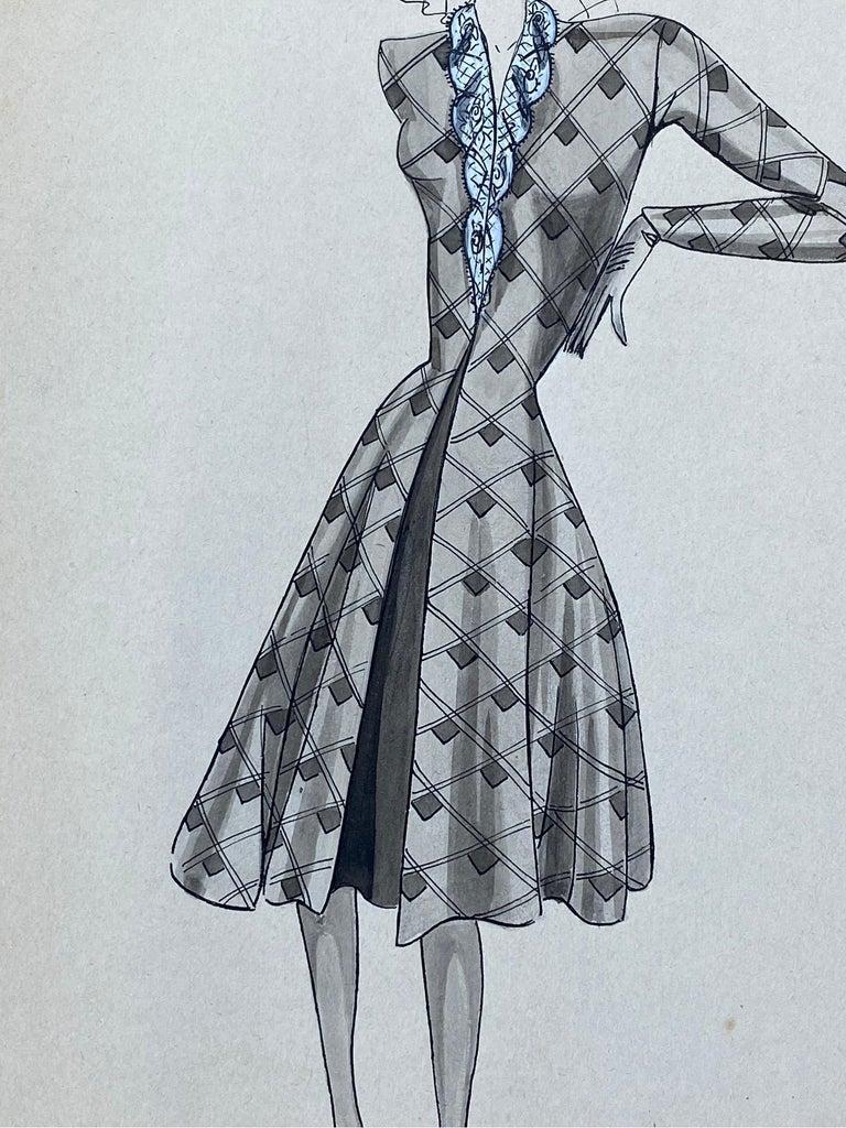 Very stylish, unique and original 1940's fashion design by French illustrator Geneviève Thomas.

The painting, executed in gouache and pencil.

The sketch is original, vintage and measures unframed 12 x 9.75 inches. It will make wonderful interior