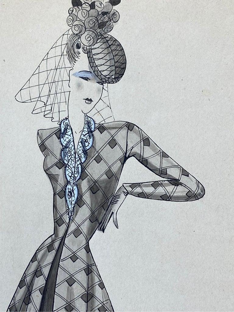 1940's French Fashion Illustration, Chic Lady In Blue Detailed Dress For Sale 1