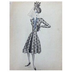1940's French Fashion Illustration, Chic Lady In Blue Detailed Dress