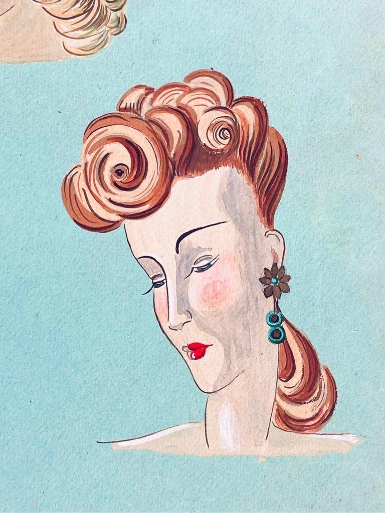 1940's French Fashion Illustration, Elegant Three Women Face Portraits - Blue Figurative Painting by Unknown