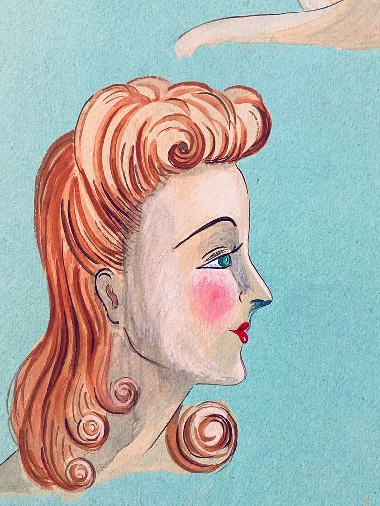 Very stylish, unique and original 1940's fashion design by French illustrator Geneviève Thomas.

The painting, executed in gouache and pencil, double sided

The sketch is original, vintage and measures unframed 11.75 x 9.75 inches. It will make
