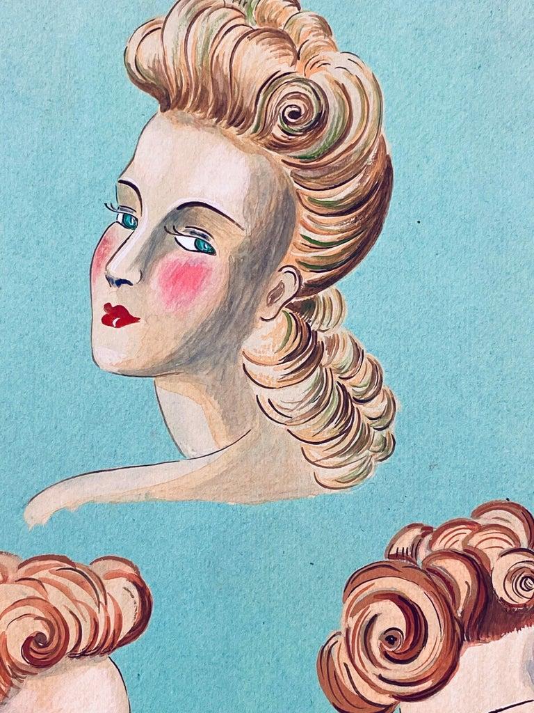 1940's French Fashion Illustration, Elegant Three Women Face Portraits For Sale 1