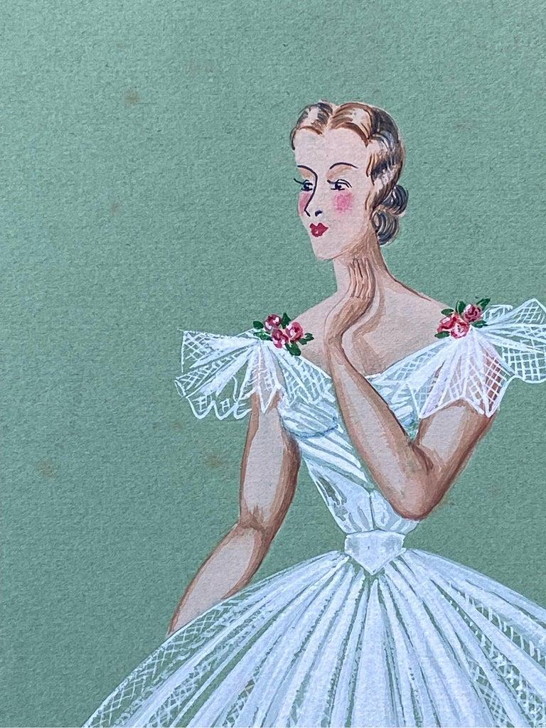 1940's French Fashion Illustration, Stunning Ballerina in White Dress - Painting by Unknown