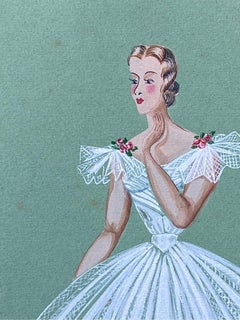 1940's French Fashion Illustration, Stunning Ballerina in White Dress