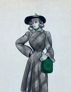 1940's French Fashion Illustration, The Stylish Lady With The Green Features