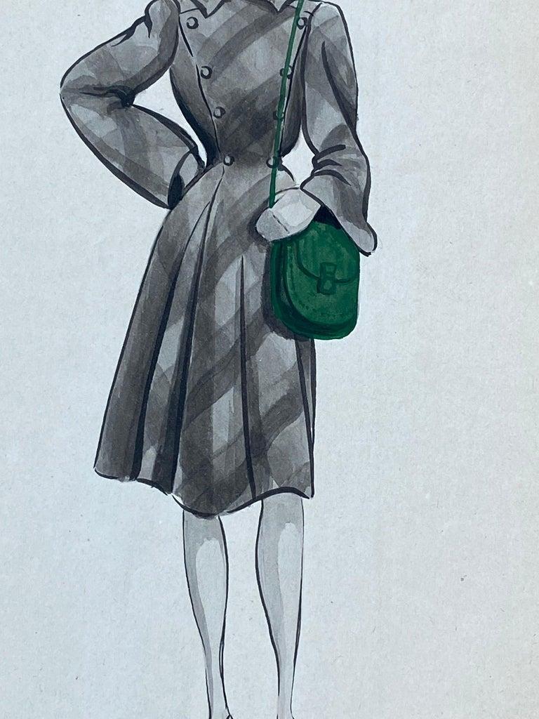 1940's French Fashion Illustration, The Stylish Lady With The Green Features - Gray Figurative Painting by Unknown