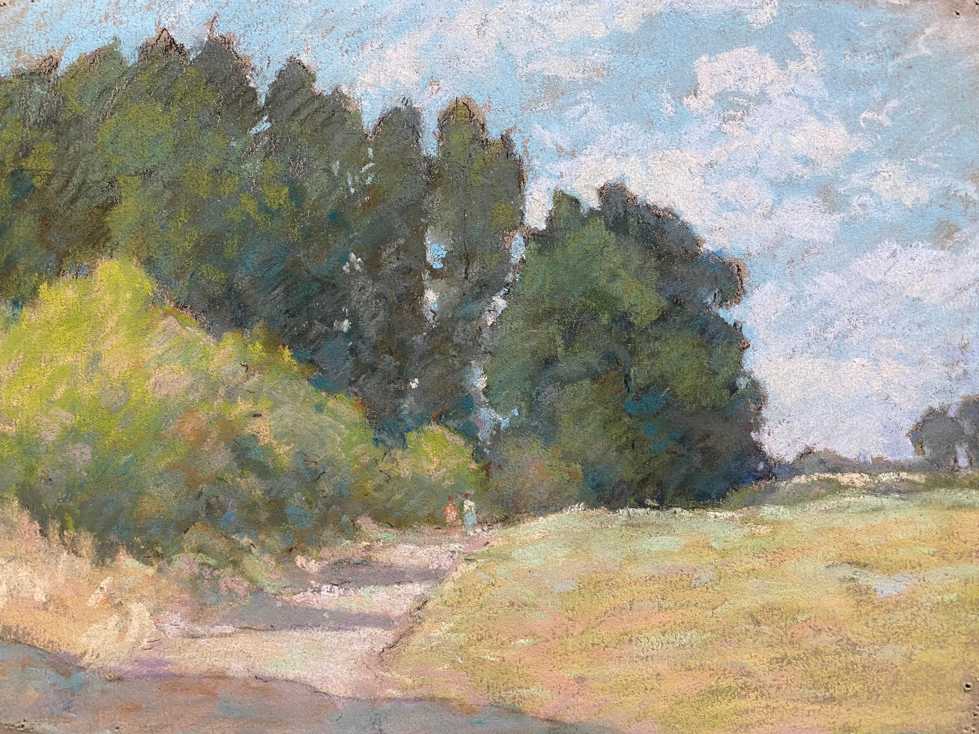 Camino rural iluminado por el sol en pastel impresionista francés de 1940 de Woods - Painting de Unknown