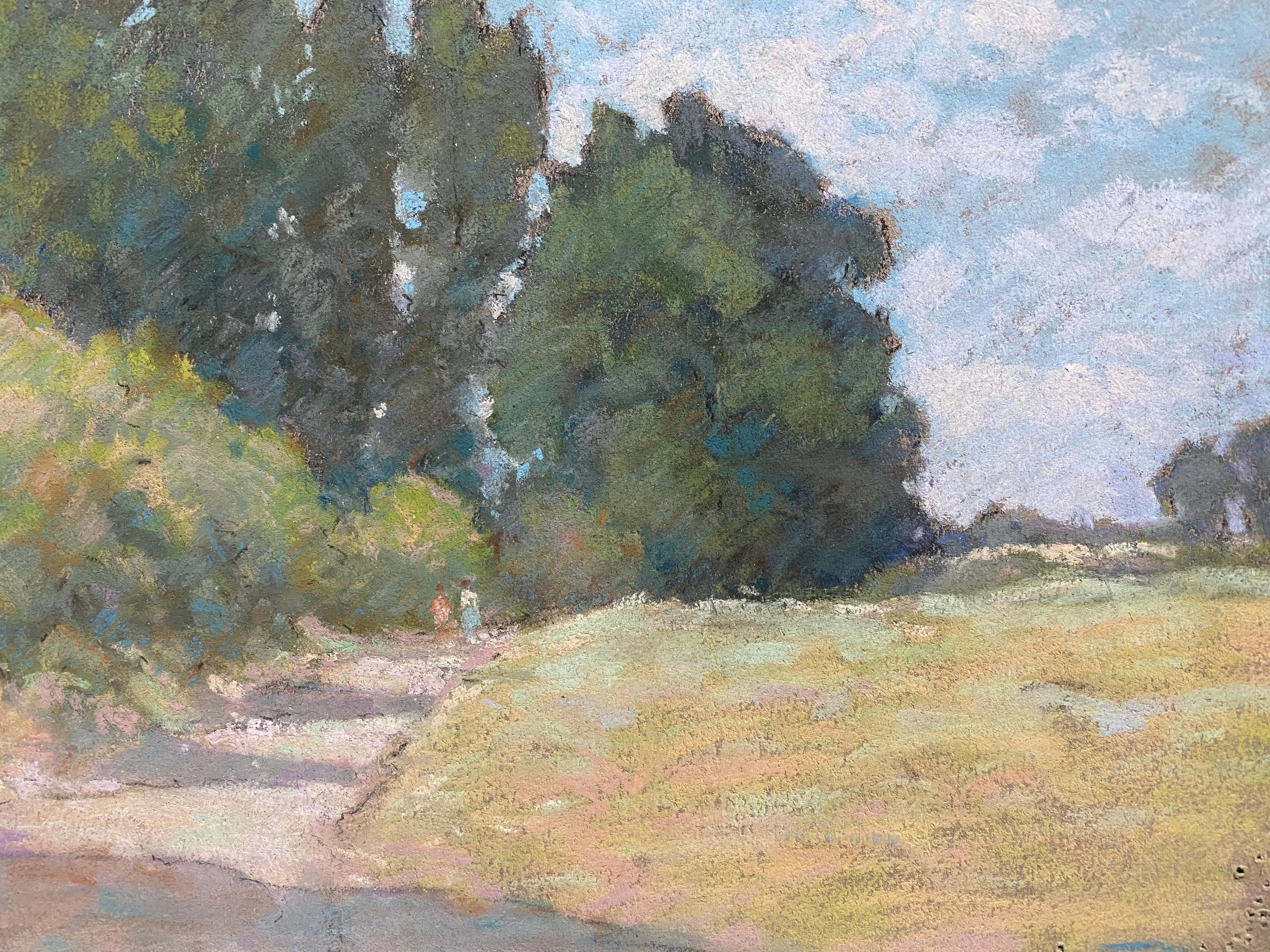 Camino rural iluminado por el sol en pastel impresionista francés de 1940 de Woods en venta 1