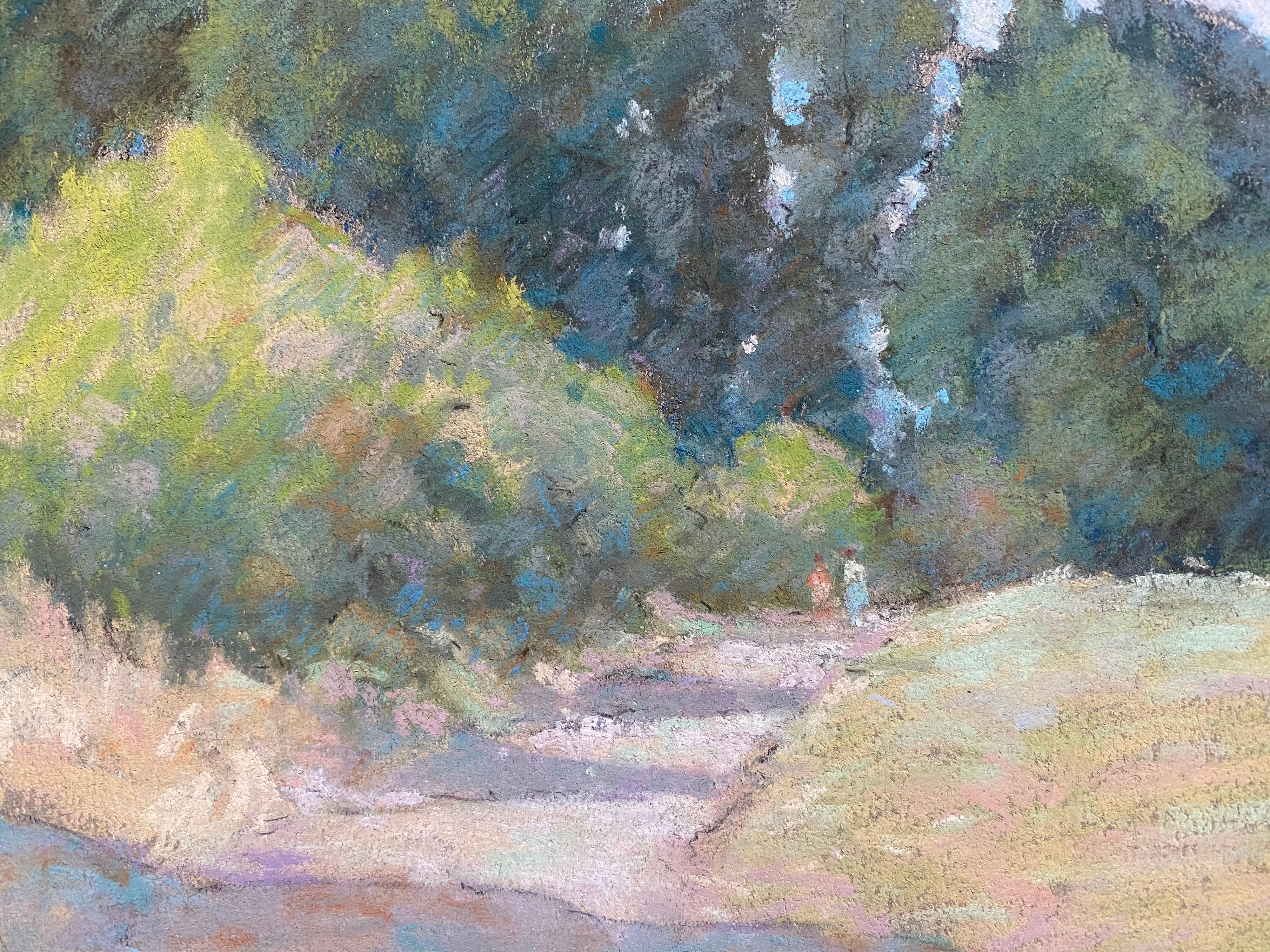 Camino rural iluminado por el sol en pastel impresionista francés de 1940 de Woods en venta 2