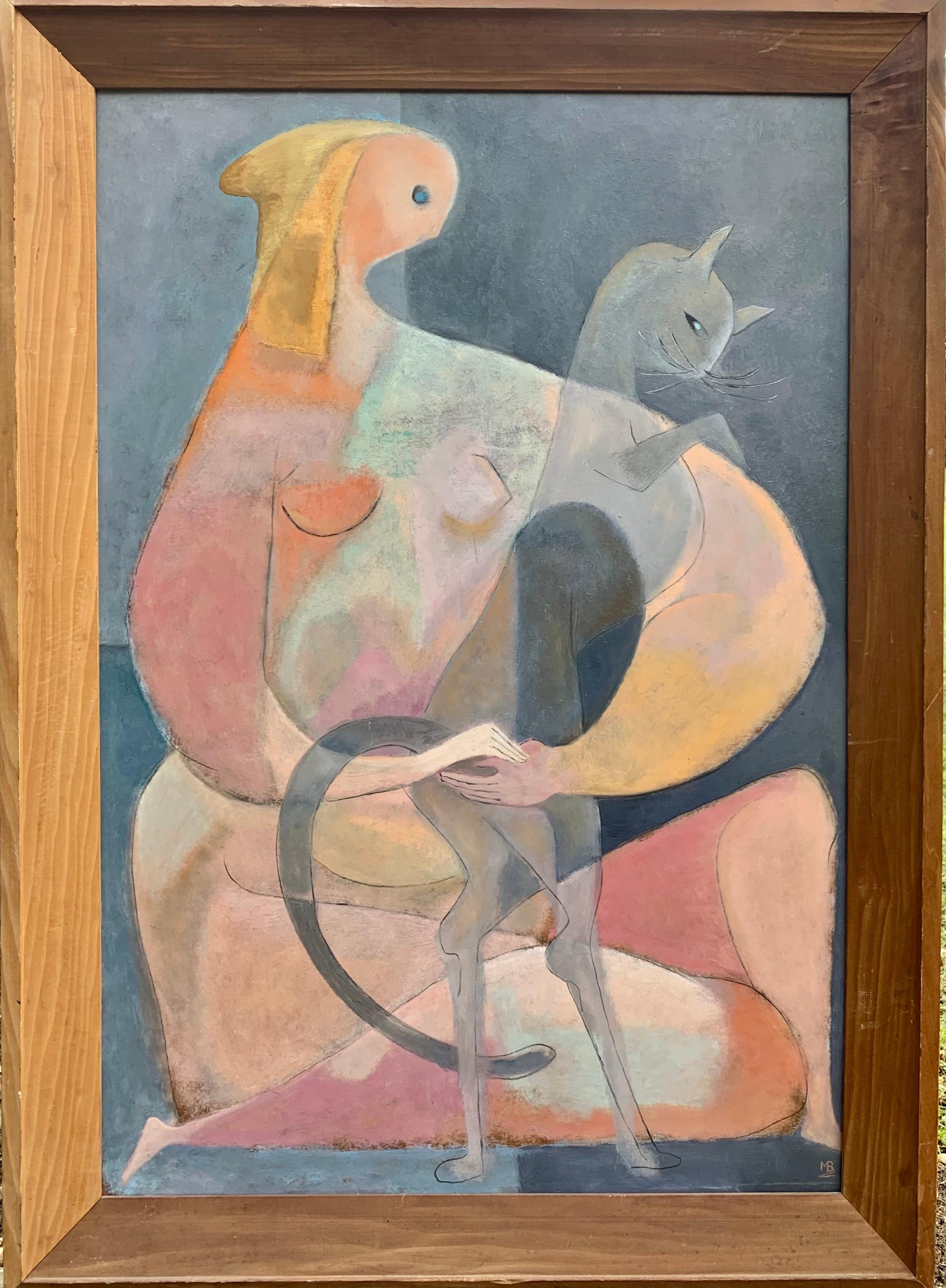 1940's LARGE Monogrammed Cubist Modern Woman with Cat - Painting by Unknown