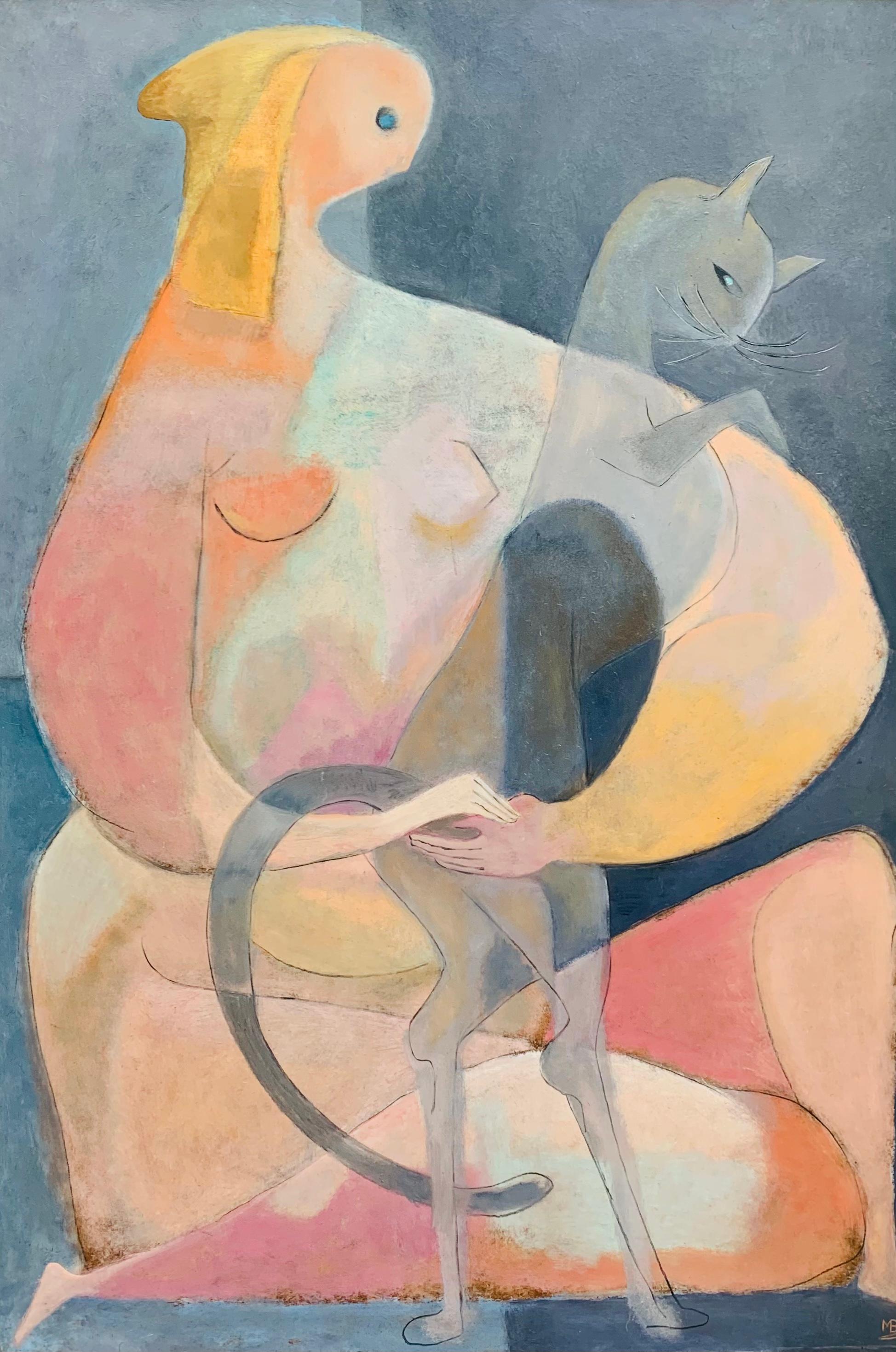 1940's LARGE Monogrammed Cubist Modern Woman with Cat