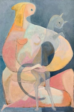 1940's LARGE Monogrammed Cubist Modern Woman with Cat