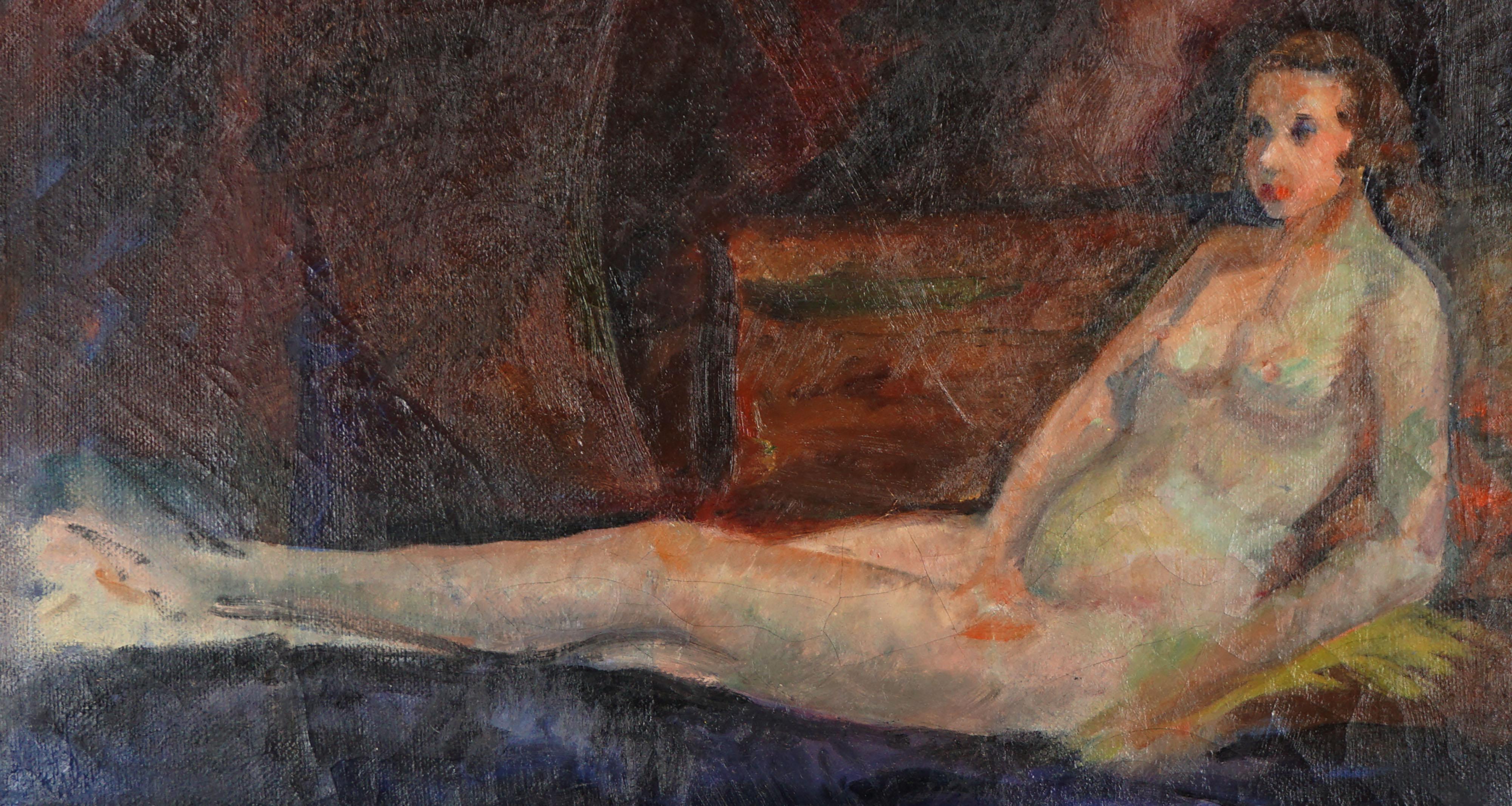1940s Modern Reclining Nude Oil Painting on Linen  - Noir Figurative Painting par Unknown