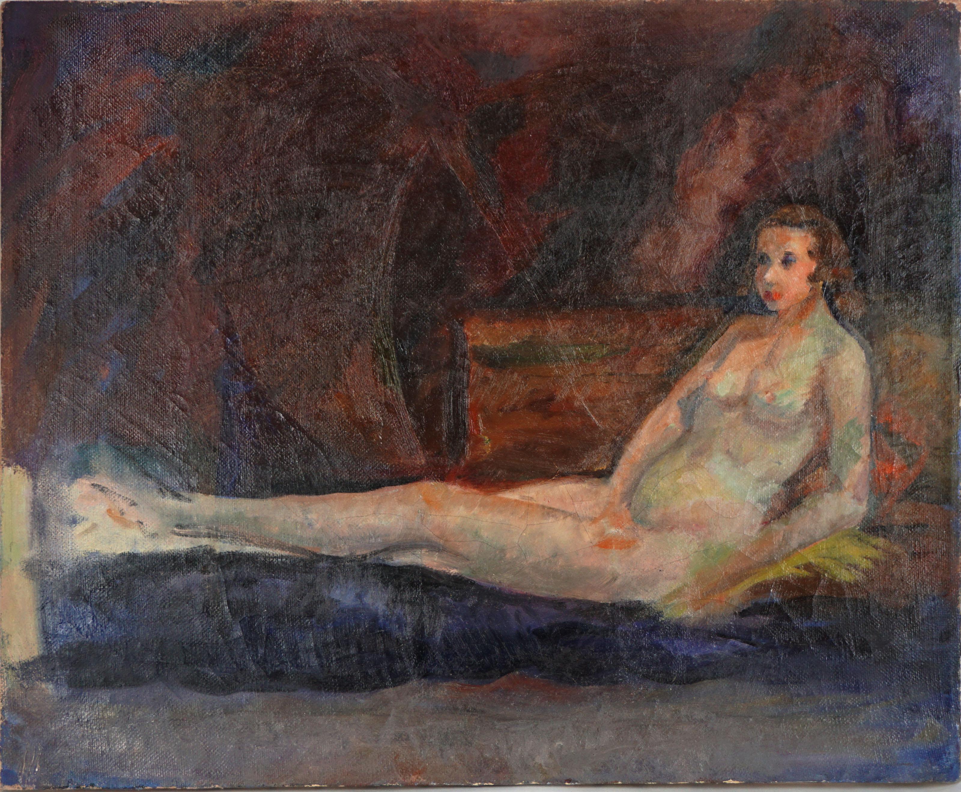 Unknown Figurative Painting – 1940s Modern Reclining Nude Oil Painting on Linen 