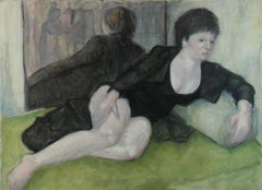 Pintura al óleo de los años 40 que representa a una mujer francesa recostada con reflejos en el espejo