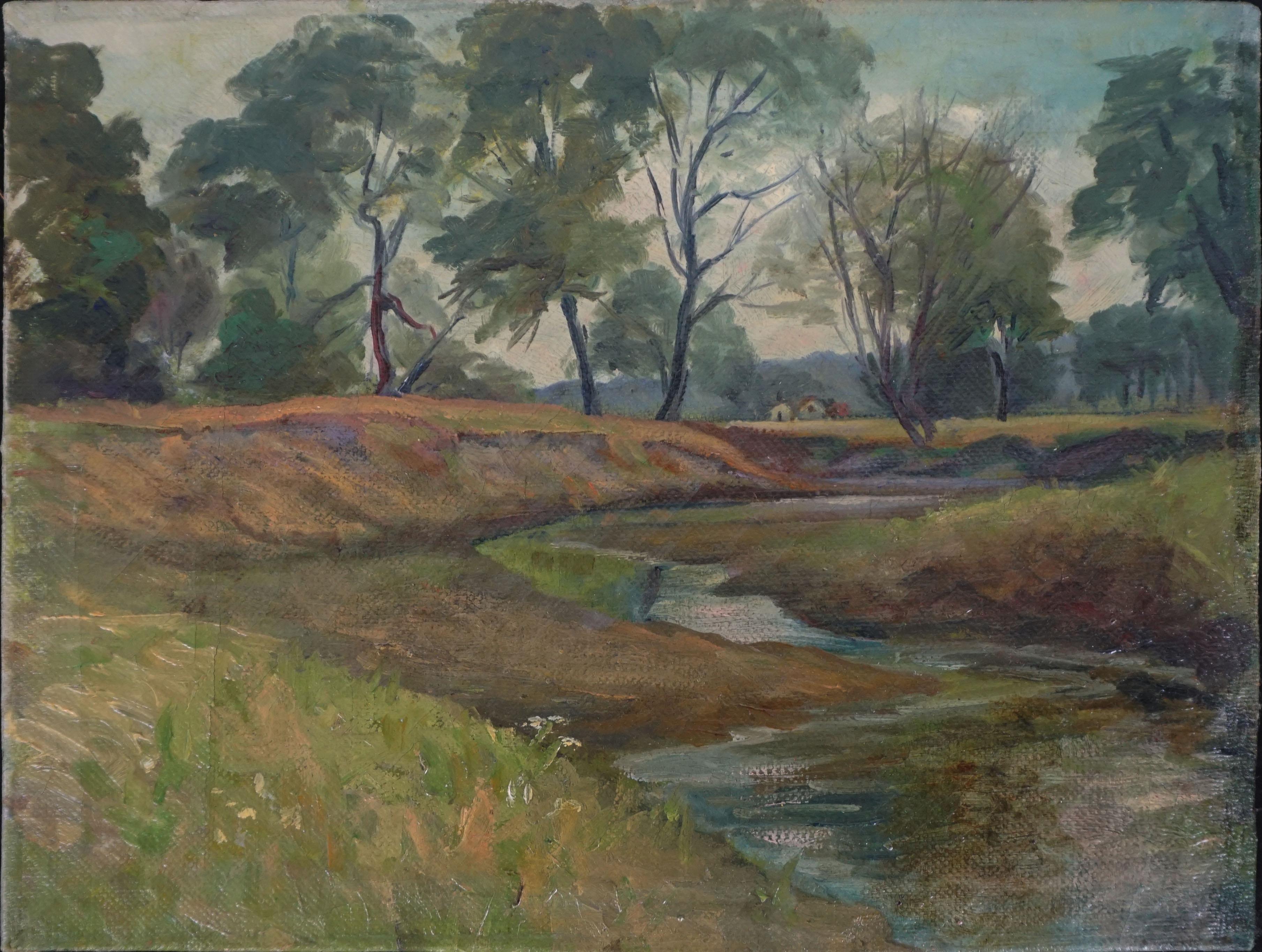 1940s Original Oil Landscape California Central Valley Farmhouse