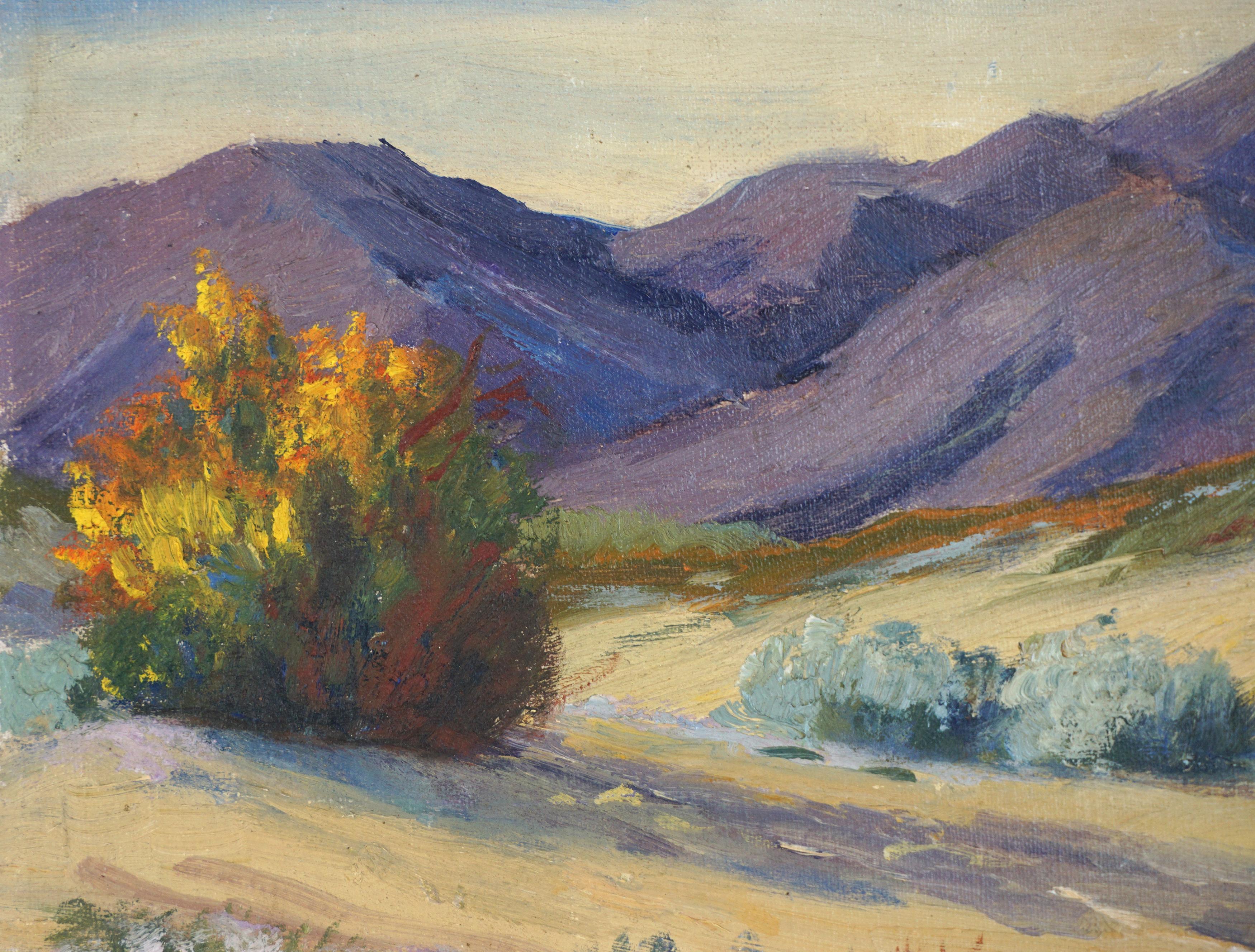 Precioso paisaje vívido de Palm Springs hacia 1940. Sin firmar. Presentado en marco vintage de madera tallada en tono dorado con filete de lino. Tamaño de la imagen: 12 