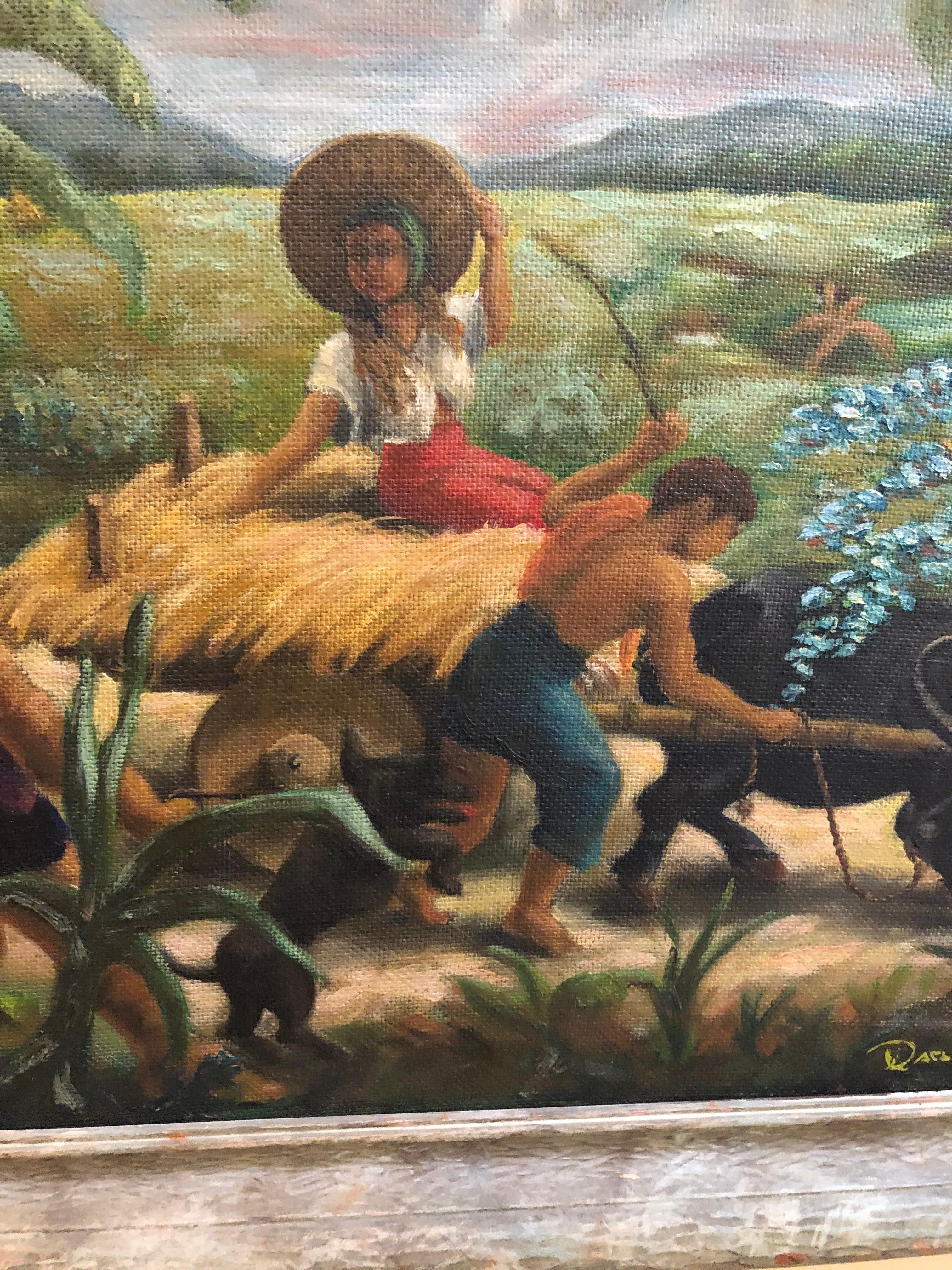 I believe this powerful painting is by the very talented Philippines artist Virgilio Daclan. He was born in 1920 in Cebu city. He studied art in 1951 at the UP school of fine arts. The movement of the figures reminds me of Thomas Hart Benton.  It is