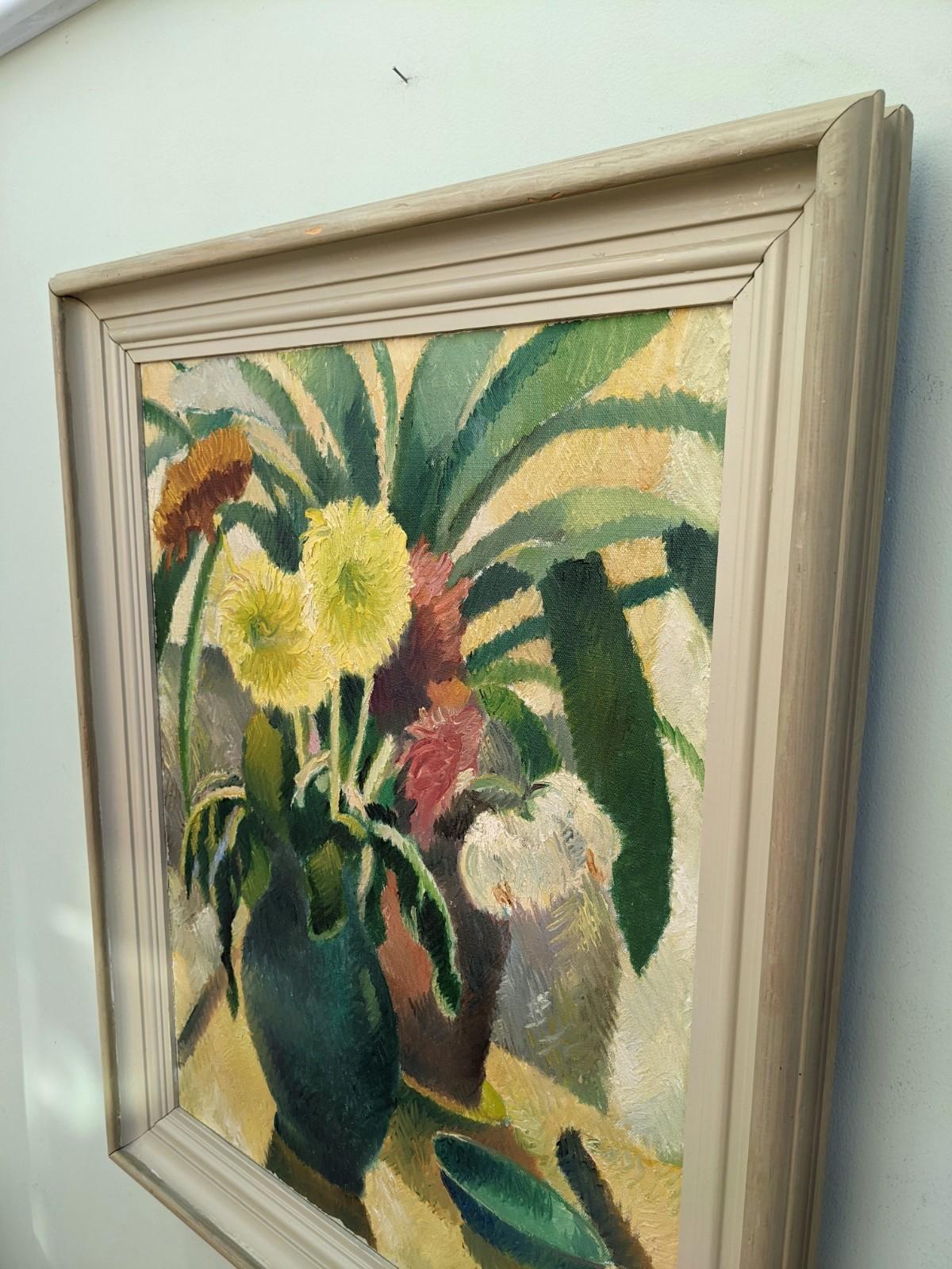 1941 Vintage Mid-Century Floral Still Life Oil Painting Swedish Art - Dahlias 7