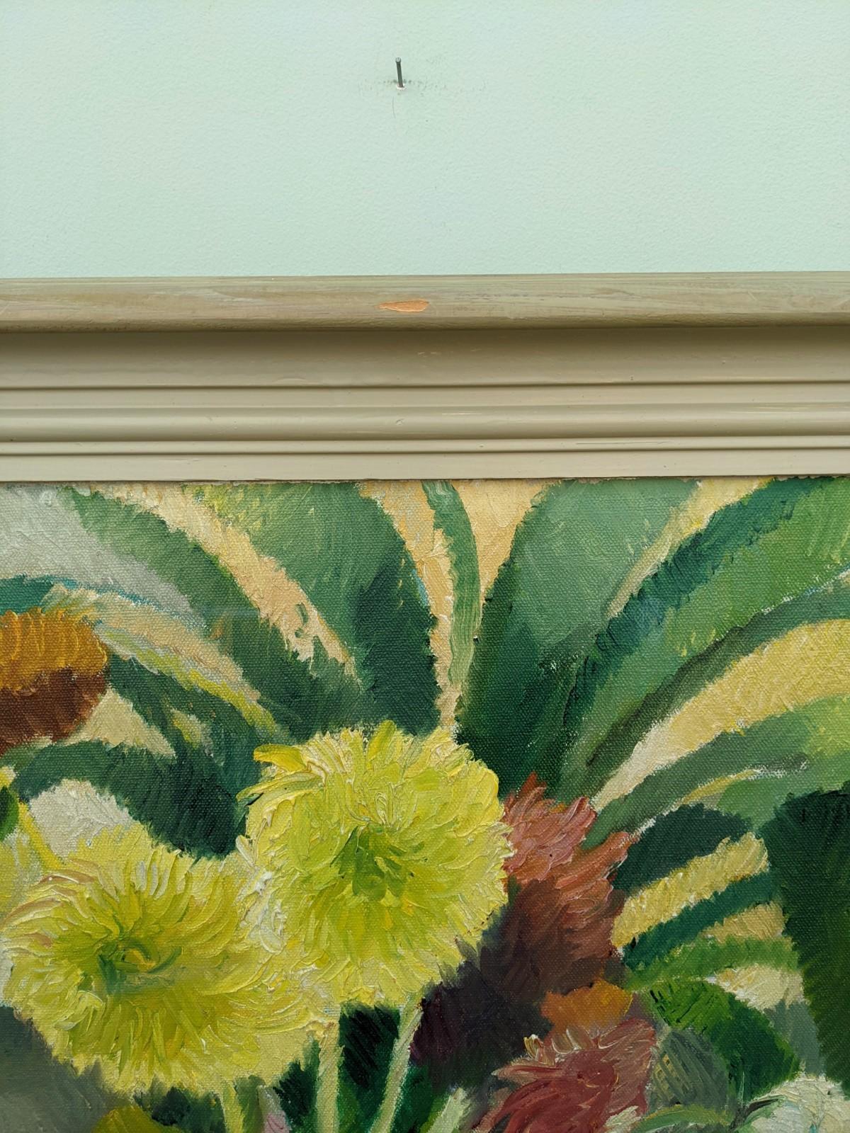 1941 Vintage Mid-Century Floral Still Life Oil Painting Swedish Art - Dahlias 8