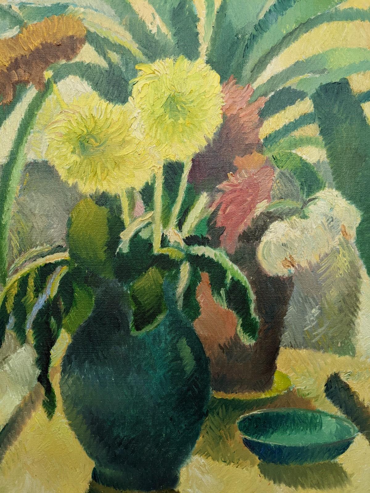 DAHLIAS
Oil on canvas
Size: 77 x 63 cm (including frame)

A large and very expressive mid century floral still life composition in oil, painted in 1941.

Reminiscent of still lifes by the well known painter Vincent Van Gogh, this floral oil also
