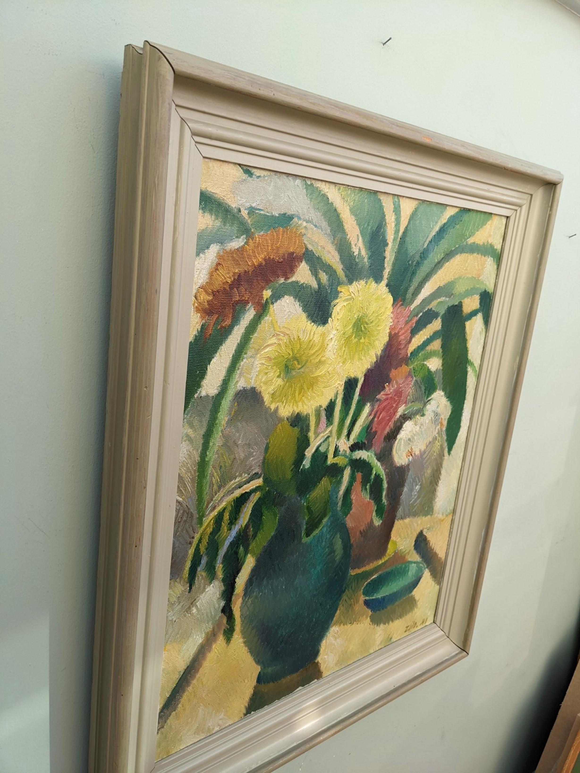1941 Vintage Mid-Century Floral Still Life Oil Painting Swedish Art - Dahlias 6