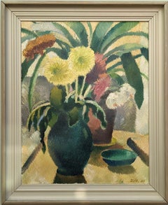 1941 Vintage Mid-Century Floral Still Life Oil Painting Swedish Art - Dahlias