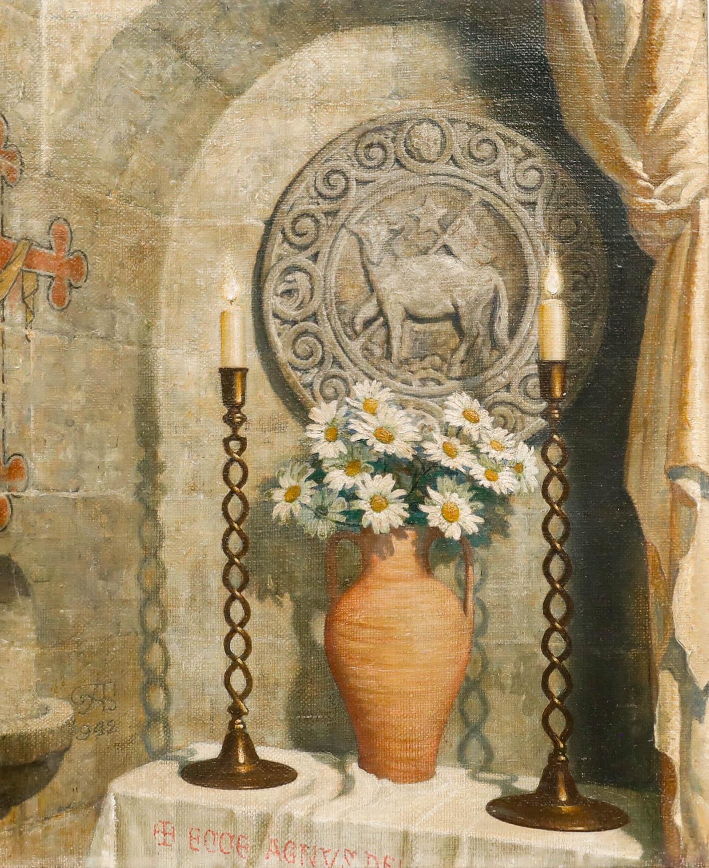 1942 Huile - Fleurs dans l'alcôve - Painting de Unknown