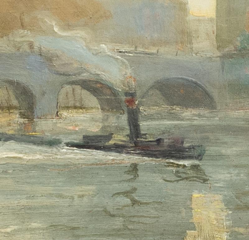 1943 Französisches postimpressionistisches Ölgemälde eines Dampfschiffes auf der Seine, Paris – Painting von Unknown