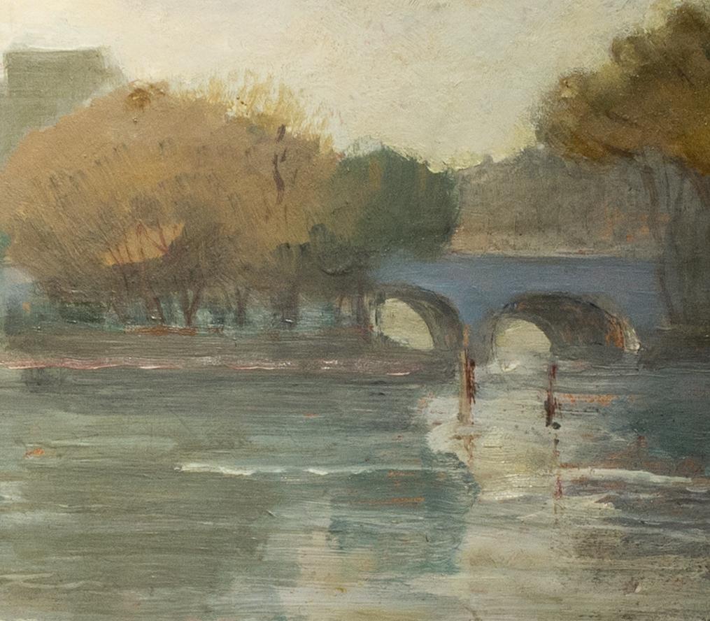 1943 Französisches postimpressionistisches Ölgemälde eines Dampfschiffes auf der Seine, Paris (Braun), Landscape Painting, von Unknown