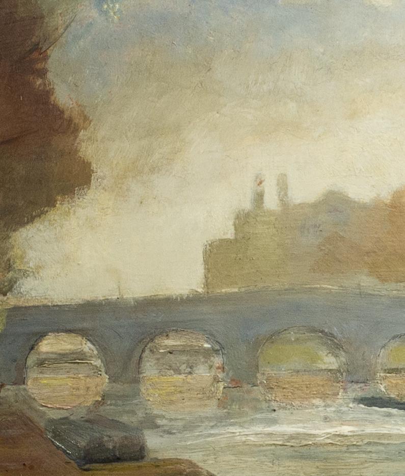 Bess (Französisch, 1943)
Ein Dampfkahn auf der Seine, dahinter Notre Dame
24 x 15.1/2 in.
Öl auf Karton
Signiert und datiert '10.43 Bess' (unten links)
