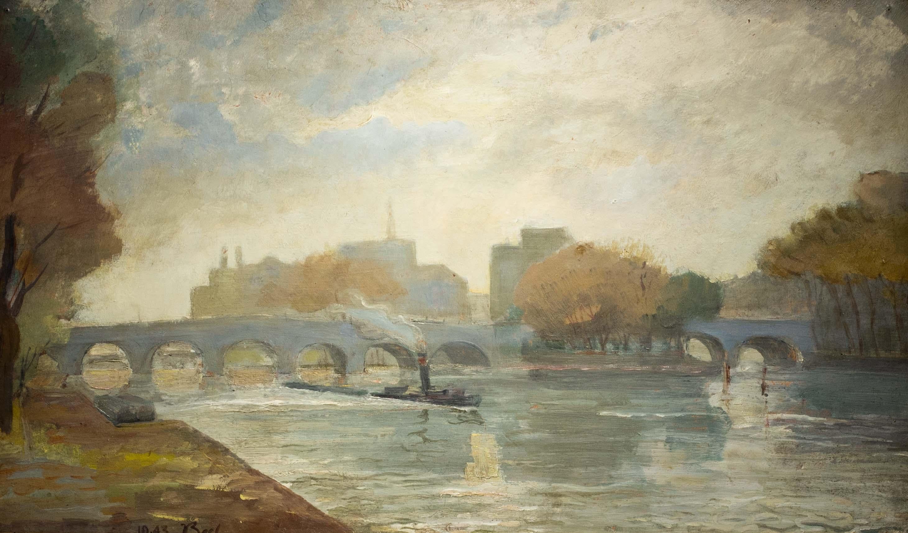 1943 French Post Impressionist oil painting of a steam barge on the Seine, Paris For Sale 2