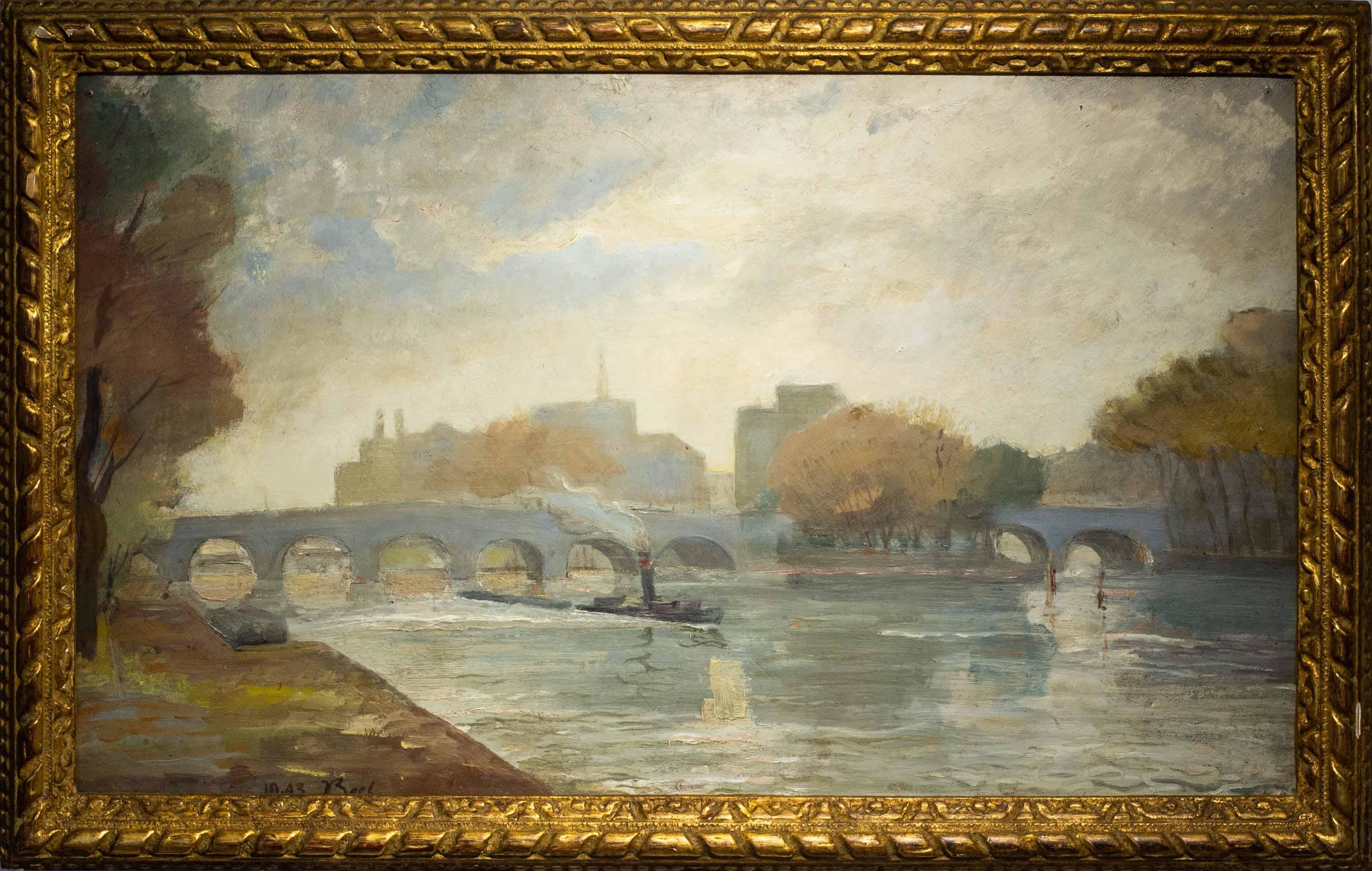 Unknown Landscape Painting – 1943 Französisches postimpressionistisches Ölgemälde eines Dampfschiffes auf der Seine, Paris