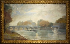 1943 French Post Impressionist oil painting of a steam barge on the Seine, Paris