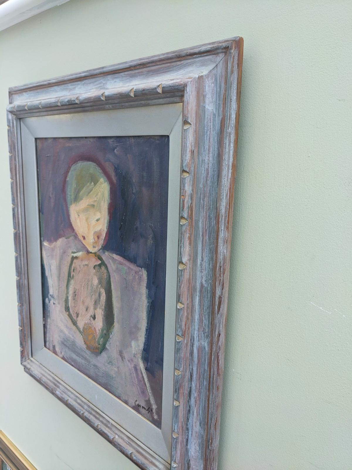 1943 Vintage Swedish Abstract Figurative Framed Oil Painting -Portrait in Purple 7