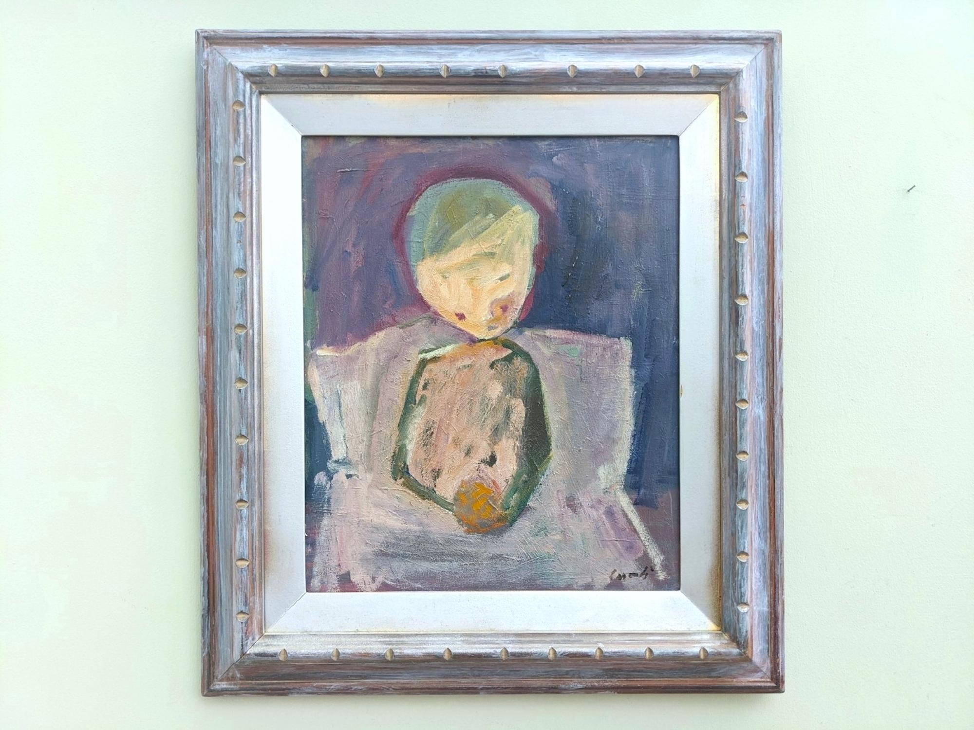 1943 Vintage Swedish Abstract Figurative Framed Oil Painting -Portrait in Purple - Gray Abstract Painting by Unknown