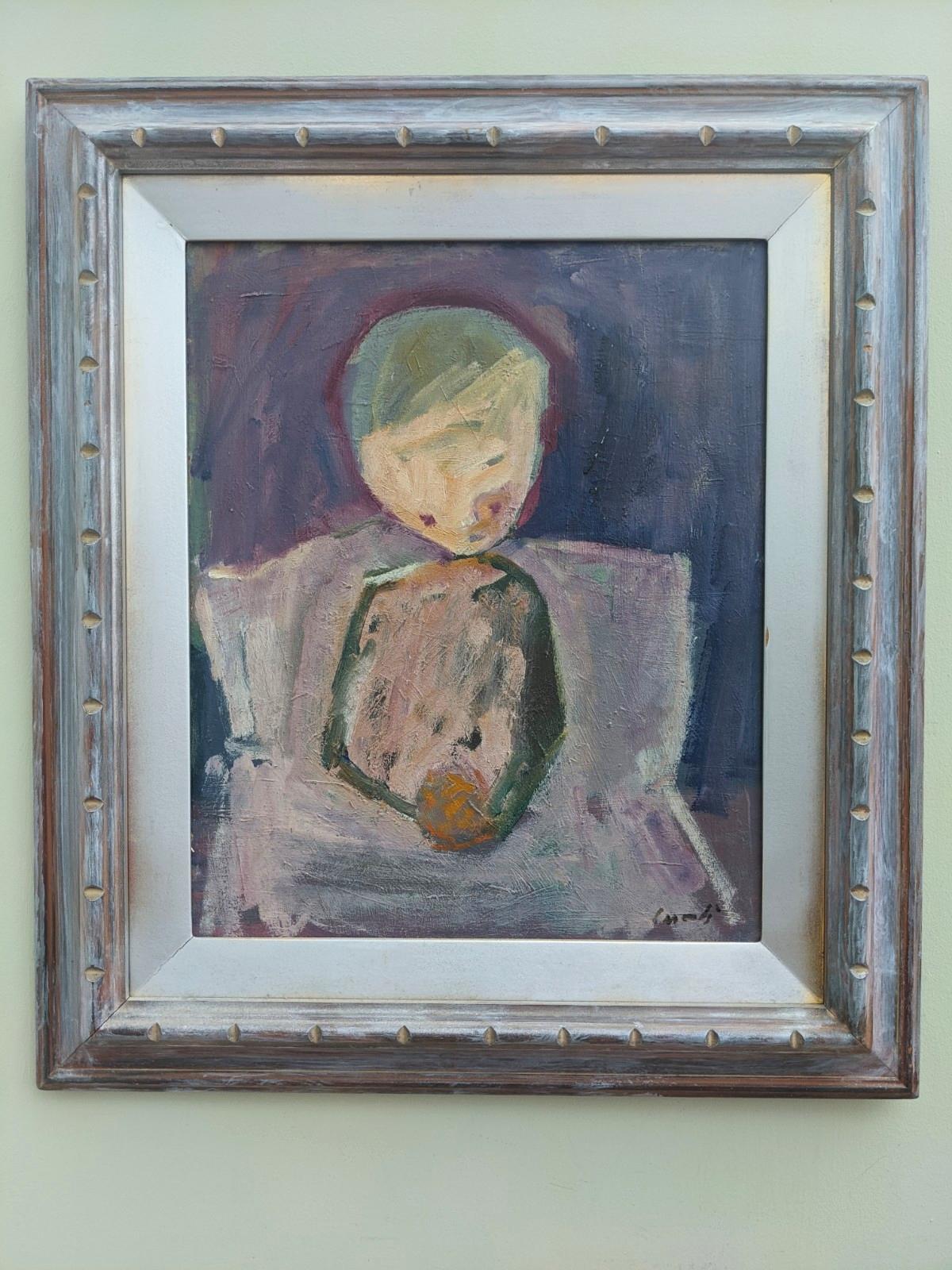 PORTRAIT IN PURPLE
66 x 58 cm (including frame)
Oil on Board 

A semi abstract mid century portrait in oil, painted in 1943.

This unique portrait features an abstracted figure with his hands together, depicted in a painterly style. Loose and broad
