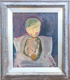 1943 Vintage Swedish Abstract Figurative Framed Oil Painting -Portrait in Purple