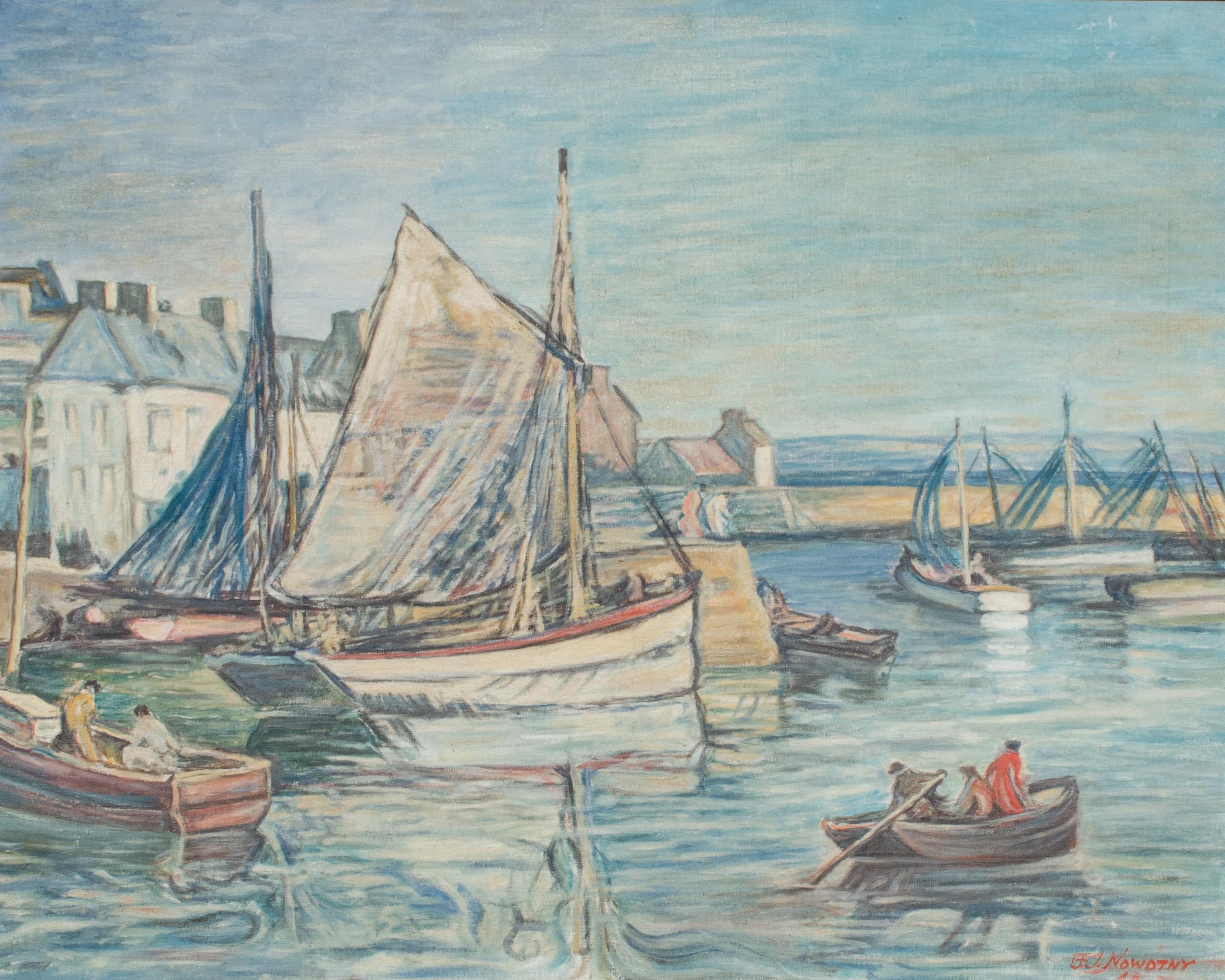 1944 Boote in einem Hafen Amerikanisches Gemälde, signiert Nowotny – Painting von Unknown