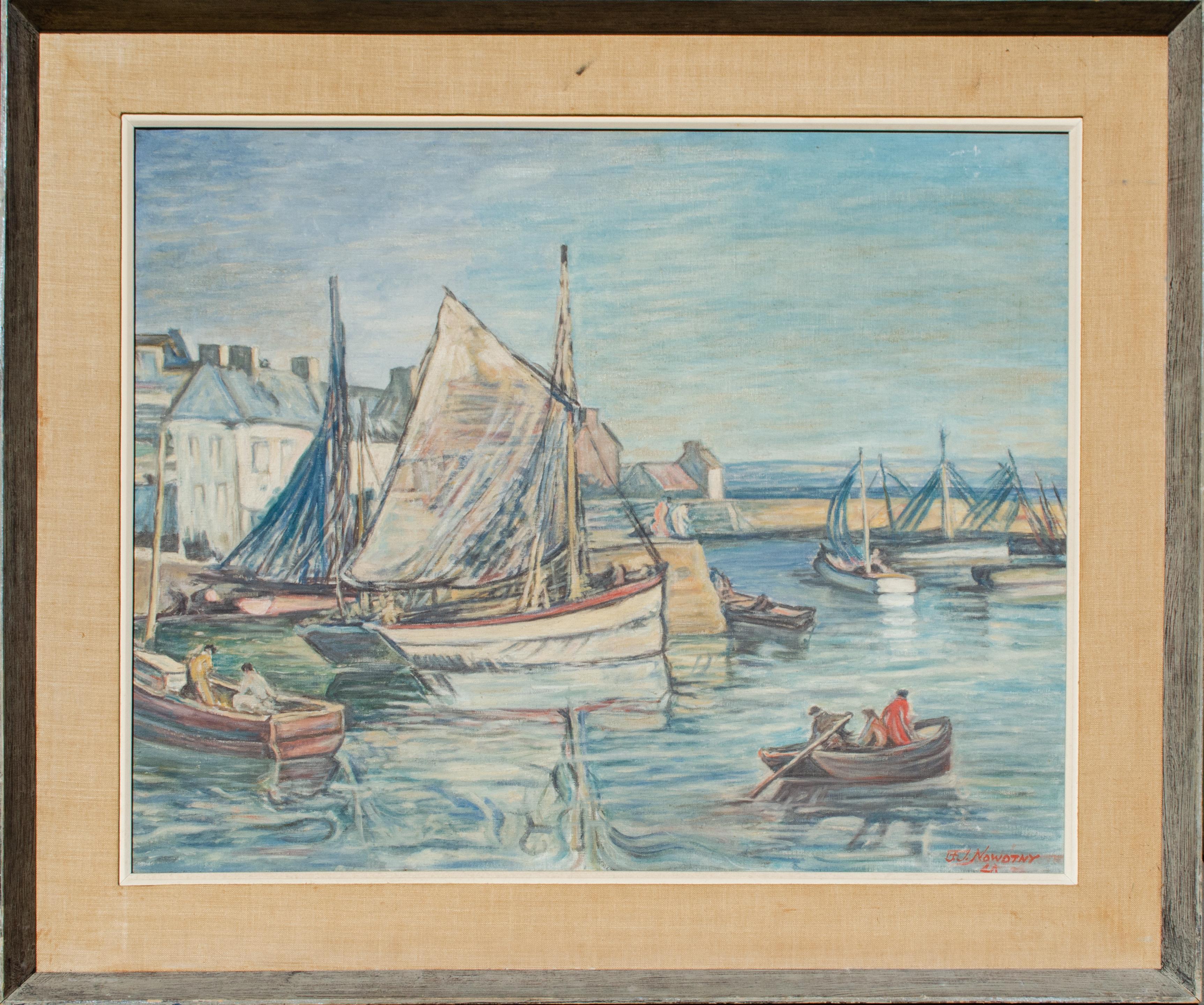 Unknown Figurative Painting – 1944 Boote in einem Hafen Amerikanisches Gemälde, signiert Nowotny
