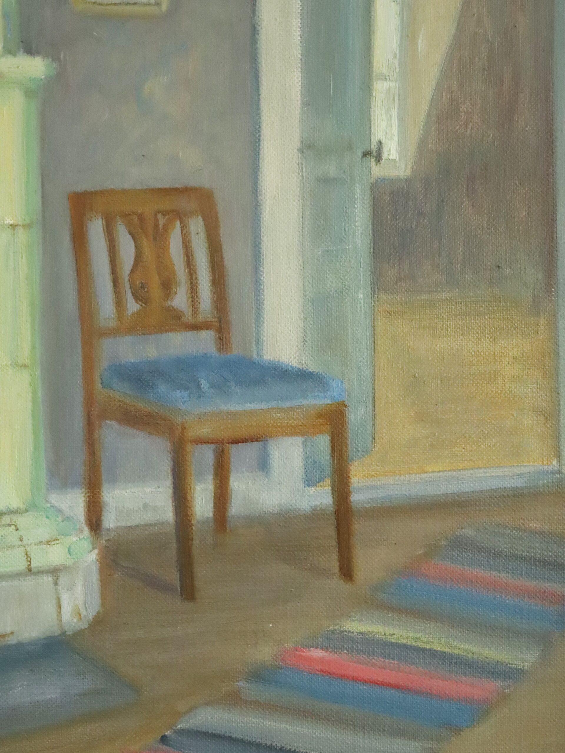 1944 Mid Century Modern Still Life Oil Painting - Interior with Green Stove For Sale 7