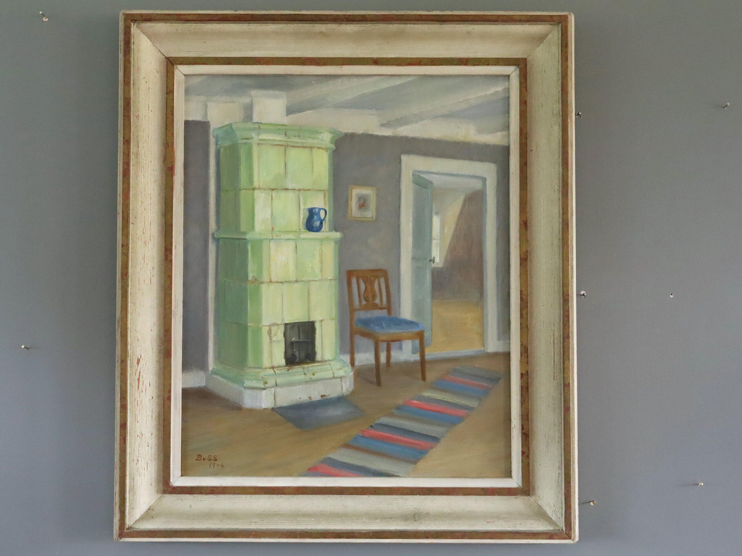 1944 Mid Century Modern Still Life Oil Painting - Interior with Green Stove - Brown Interior Painting by Unknown